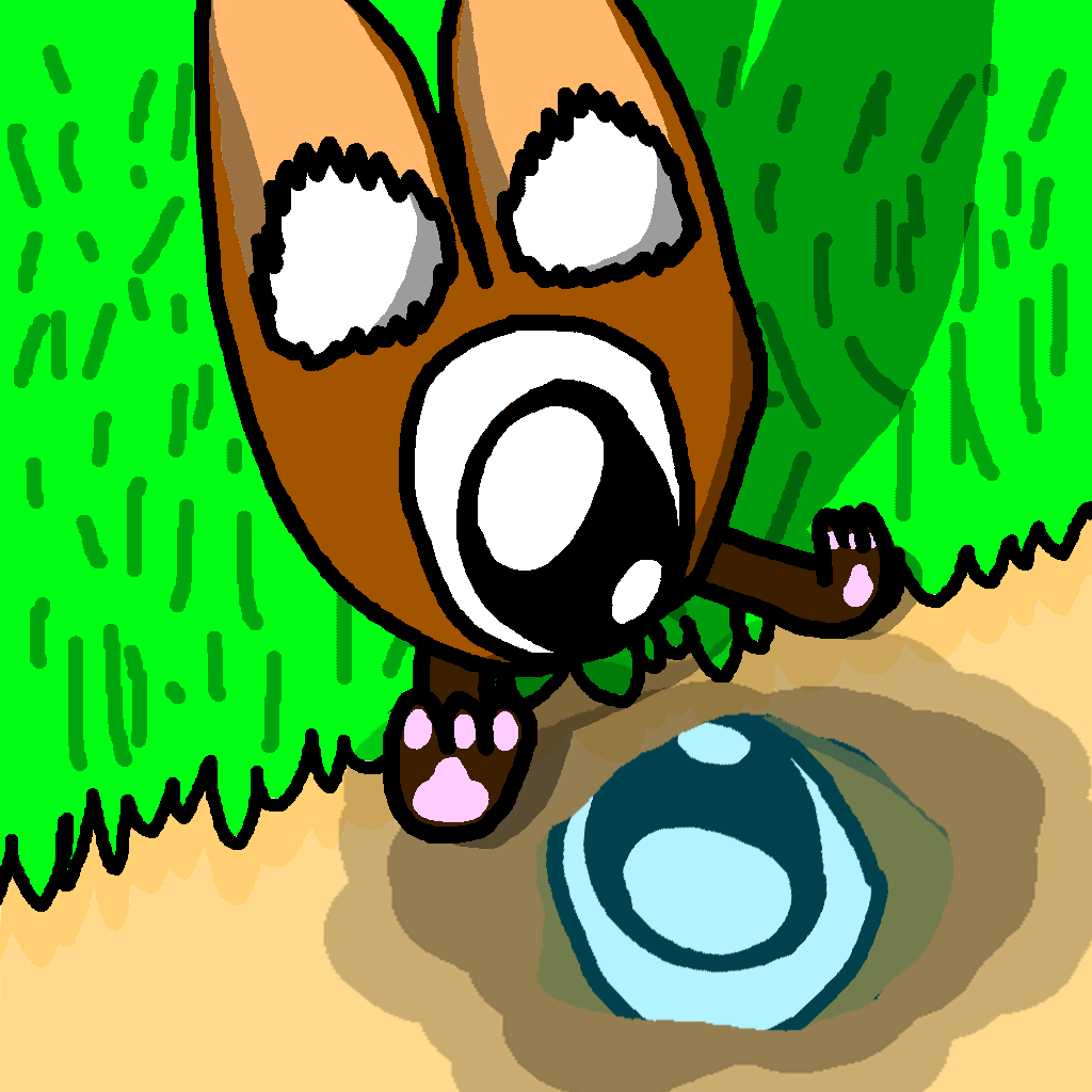 A Hearling sits beside a path and regards its reflection in a puddle.